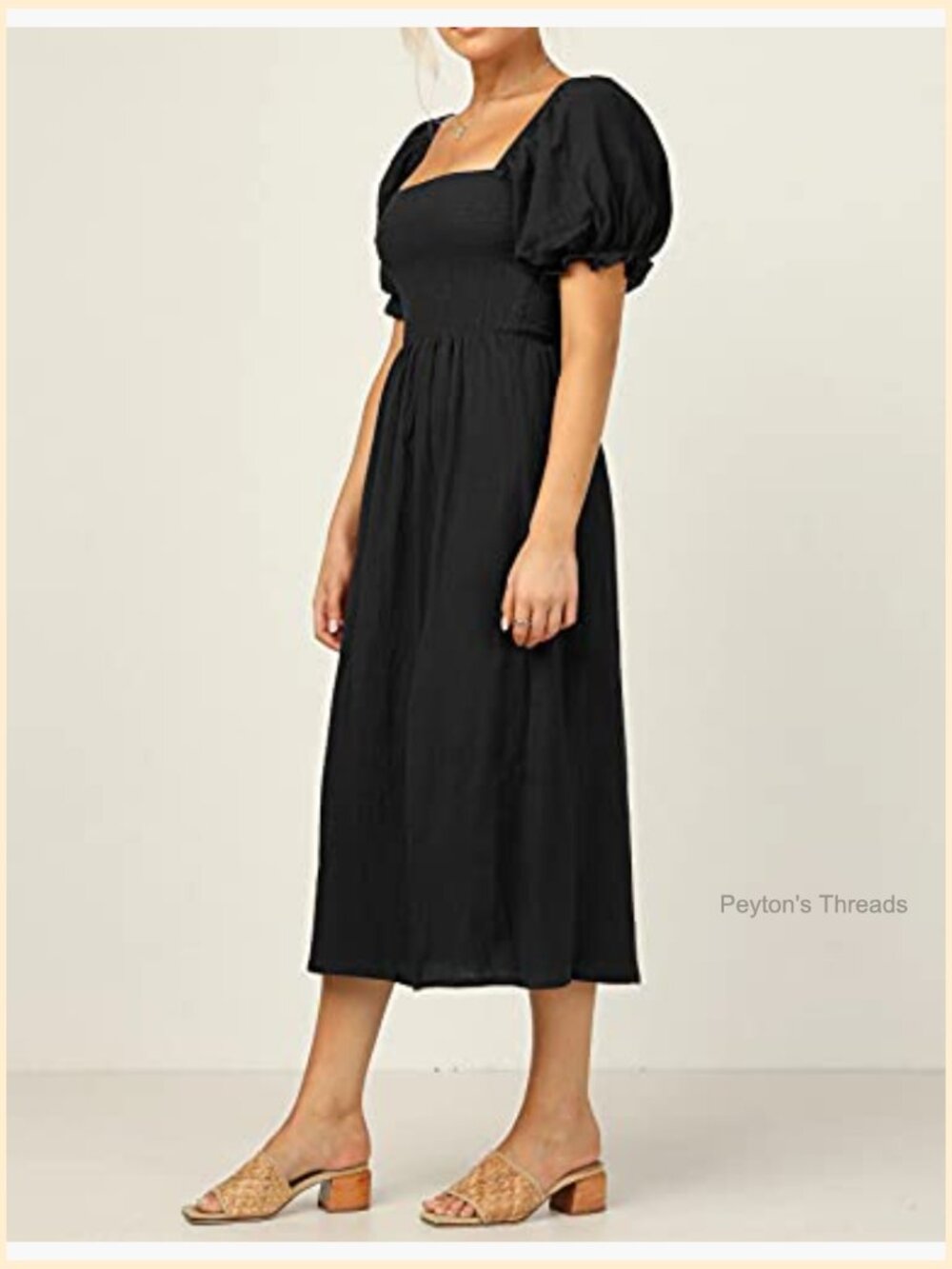Women's Cotton Puff Sleeve Off-Shoulder Boho Midi Dress with Side Slit - Picture 2 of 7